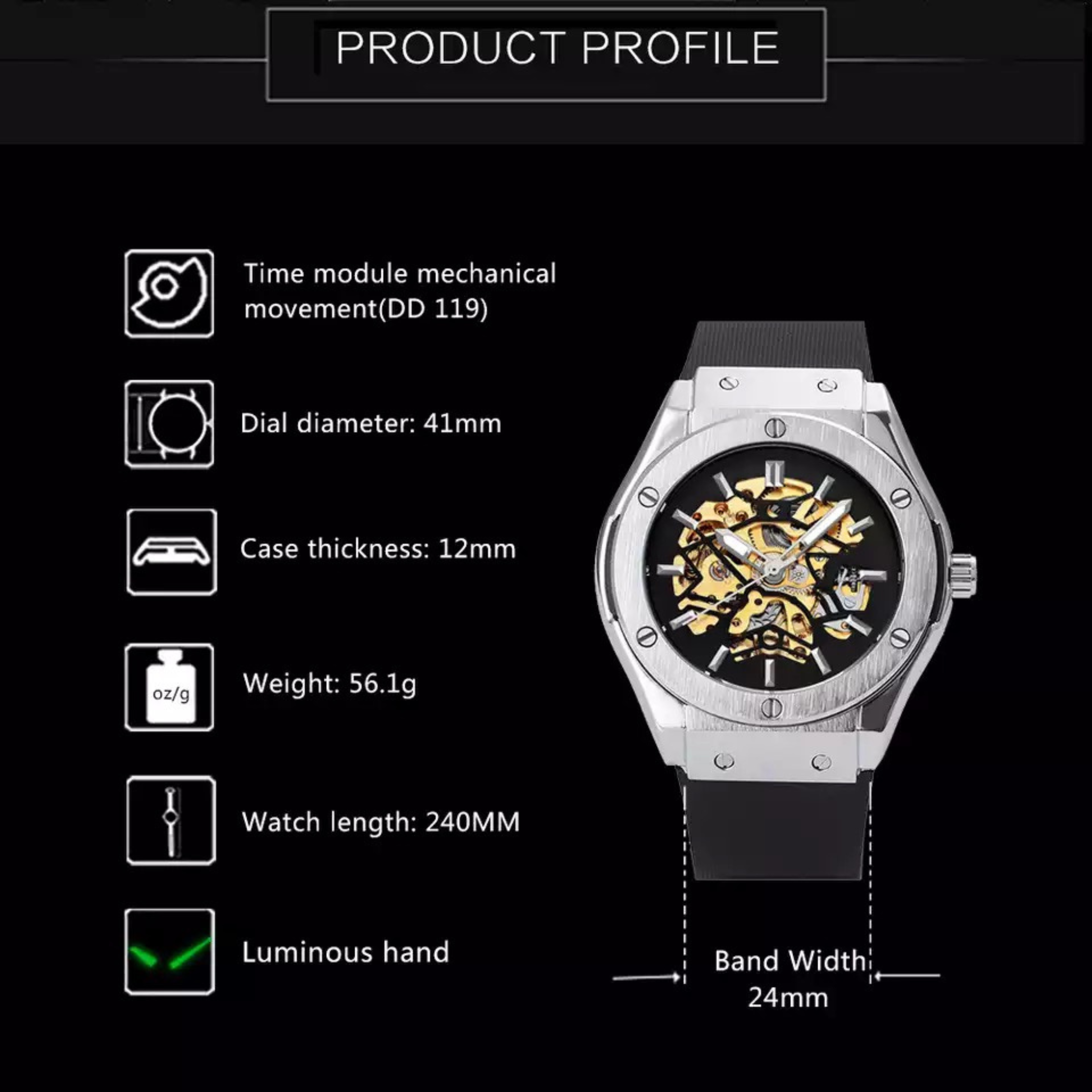 TWC A:389 Automatic Golden Dial Silicone Strap Watch
